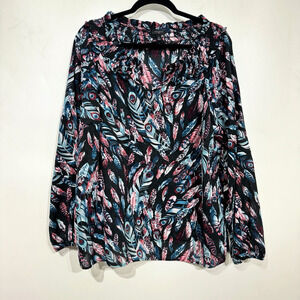 Talbots Feather Printed Ruffled Blouse Sz 1X Black Pink Mature Colorful Artsy